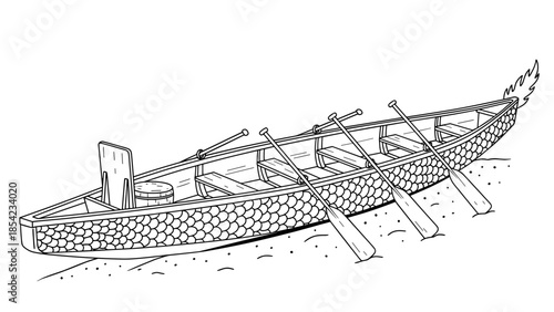 Traditional dragon boat with oars in black and white line art