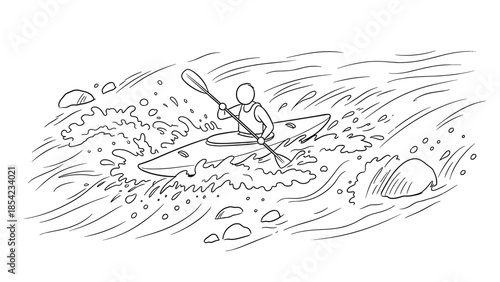 Adventurous kayaking through rapids in minimalist line art drawing