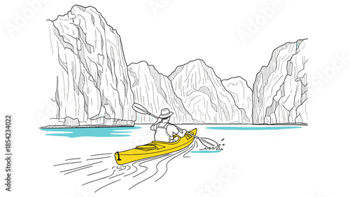 Adventure kayaking journey through dramatic mountainous landscape in linear style