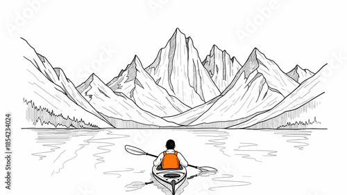 Kayaker exploring serene mountain lake in minimalist line art style