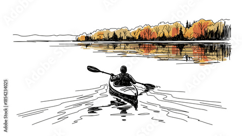 Sketched kayaker enjoying autumn lake with vibrant foliage reflections
