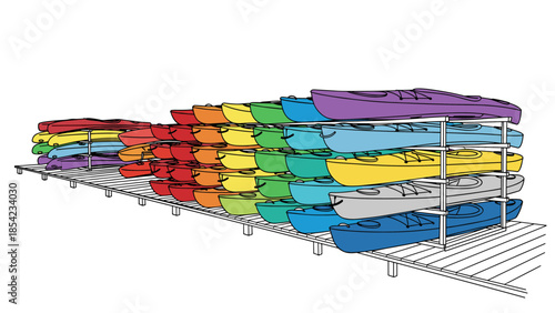 Colorful canoes and kayaks arranged on a rack in a linear style