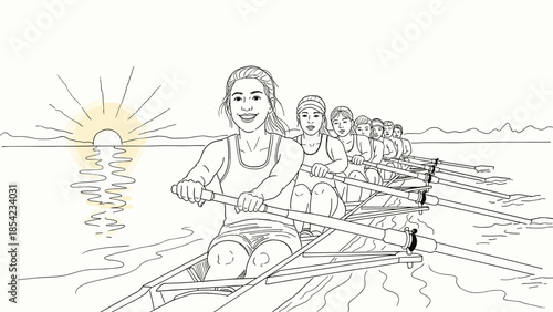 Team rowing at sunrise: linear art depicting unity and strength in motion