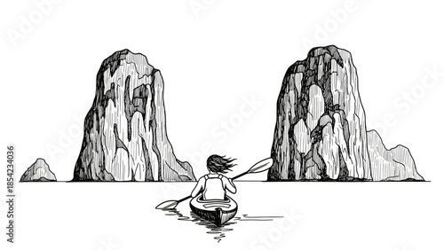 Kayaking adventure with stunning sea cliffs in black and white sketch style