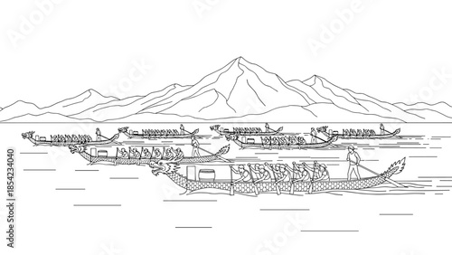 Dragon boat race on tranquil lake with majestic mountain backdrop in linear style