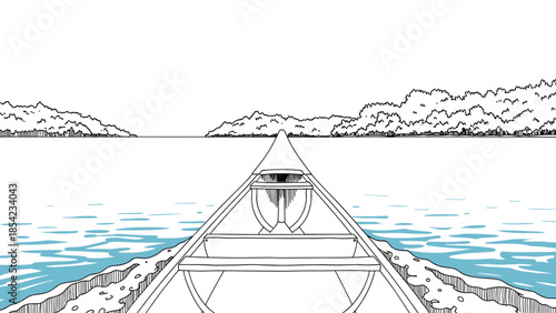 Canoe journey on serene lake with scenic mountain view in linear art style
