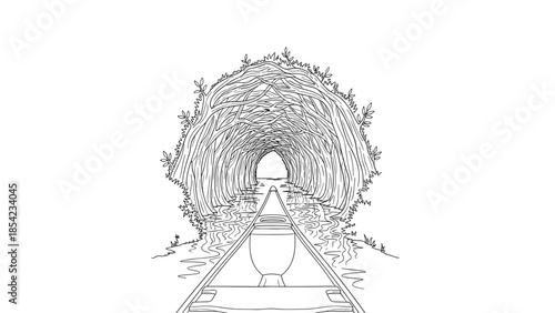 Tranquil canoe journey through tunnel of tree branches on calm water