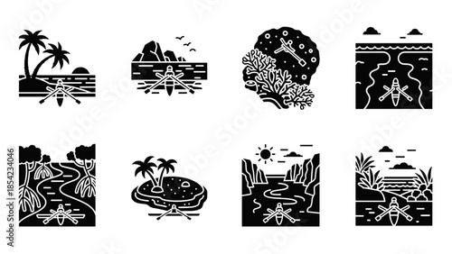 Minimalist black and white nature icons: oceans, islands, and rivers