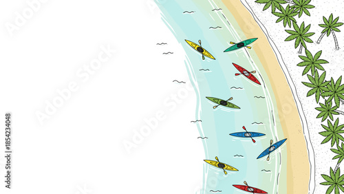 Colorful kayaks on tropical beach with palm trees and gentle waves in ocean scene