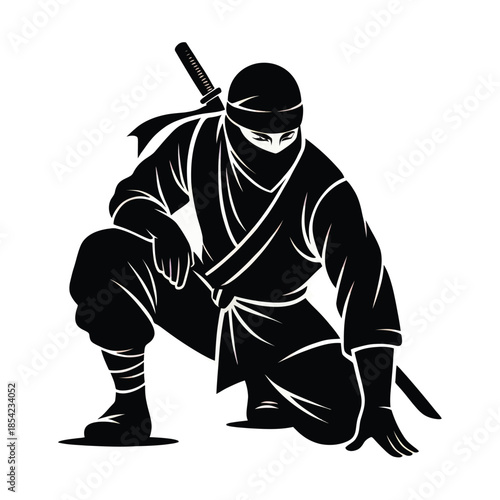 Two black and white ninja silhouettes crouching and crawling