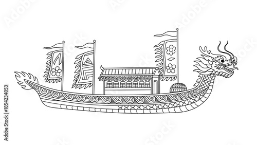 Intricate dragon boat with decorative flags in outline style