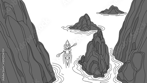 Kayaker navigates through serene canyon in line art style