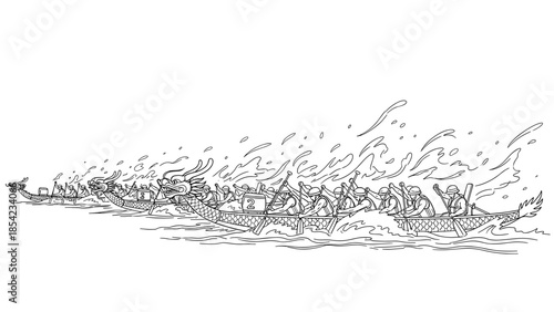 Dragon boat race with paddlers in action and splashing water in black and white outline art