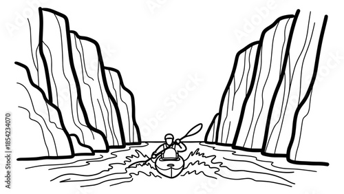 Adventurous kayaker navigating canyon waters in linear black and white design