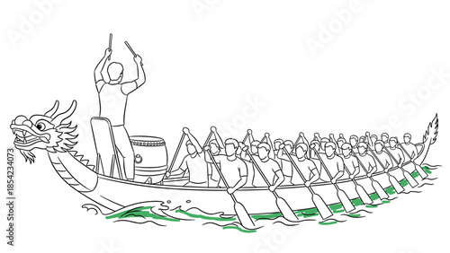 Dragon boat racing team in action with drummer guiding the crew