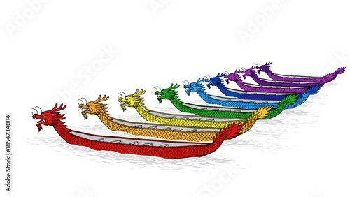 Colorful dragon boats in line on water: vibrant traditional culture