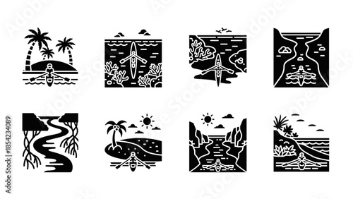 Adventure icons of kayaking in nature: tropical and mountain landscapes