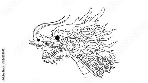 Intricate dragon head line art with flowing mane and fierce expression