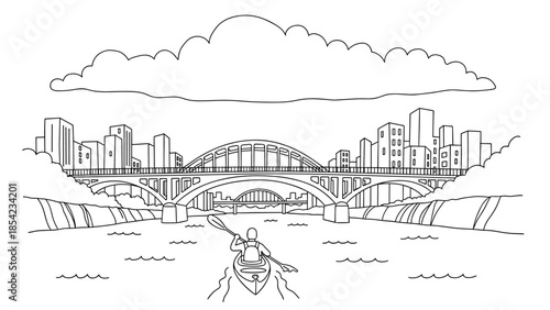 Urban waterfront adventure: kayaking under city bridge in linear black and white art