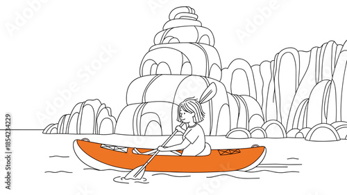 Kayaking adventure with scenic rock formations in minimalist black and white design