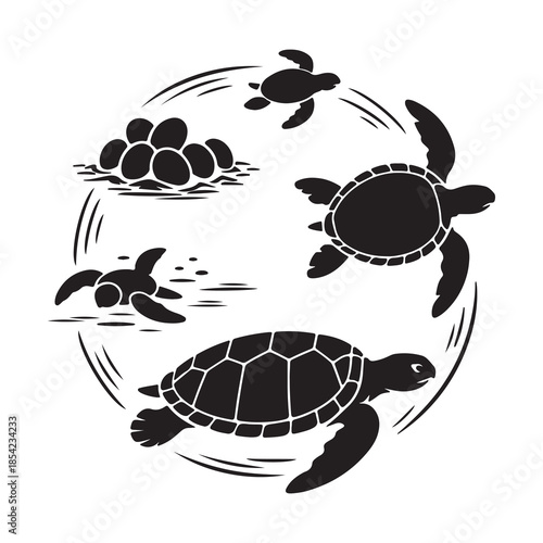 Sea Turtle Life Cycle Silhouette Set – Black and White Vector Illustration