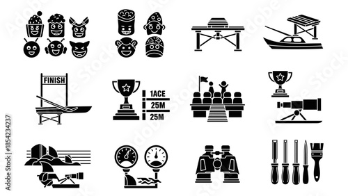 Silhouette icons of sports, tools, and characters in black and white