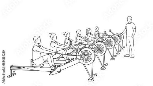 Group rowing machine workout with instructor | linear fitness training concept