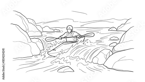 Kayaker navigating rapids in black and white linear art