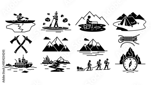 Adventure icons: kayaking, camping, hiking, and more in black and white silhouette