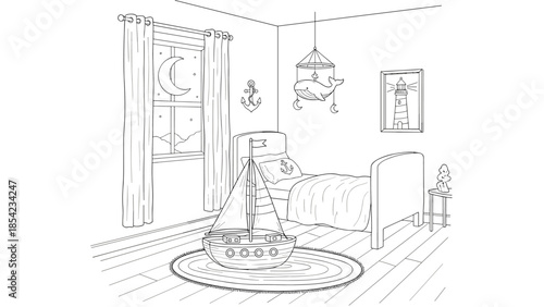 Cozy nautical kid's room with sailboat decor in linear style