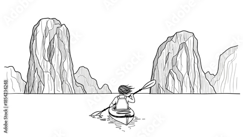 Kayaking adventure: black and white sketch of a woman paddling toward scenic cliffs