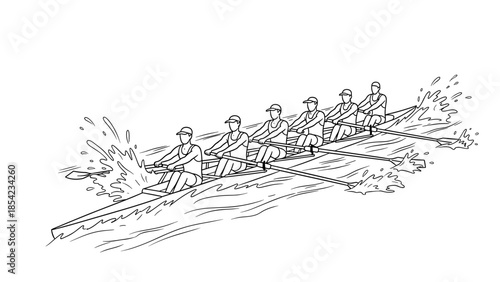 Team sculling in action: linear outline of rowers synchronizing on water waves