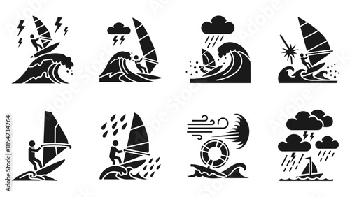 Stormy windsurfing: monochrome adventure in rough seas with extreme weather elements