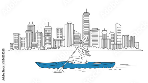 Minimalist city skyline with kayaker in blue canoe
