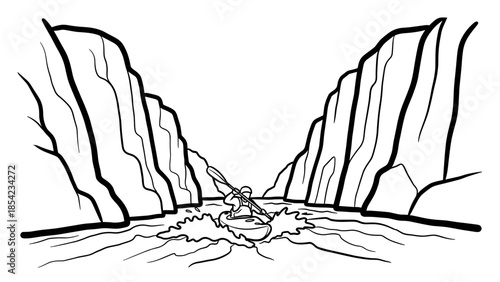 Kayaker navigates rapids between majestic cliffs in black and white line art