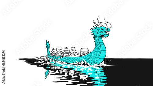 Dragon boat racing in blue with detailed reflections on water