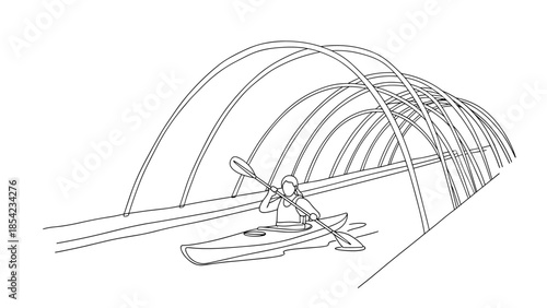 Kayak adventure under modern arched bridge in minimalist line art style
