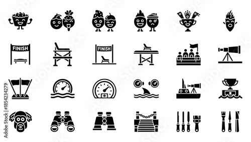 Fun sport and adventure icon set featuring creative character designs