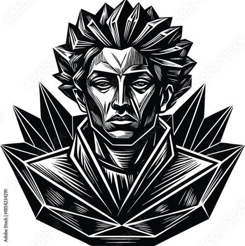 Black and white of a face with a star-like pattern