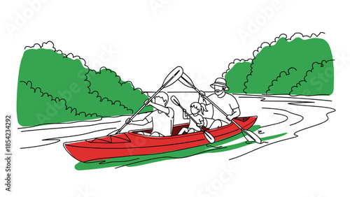 Family kayaking adventure on scenic river in minimalist line art