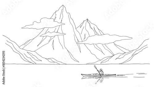 Minimalist mountain landscape with kayaker and clouds in linear style