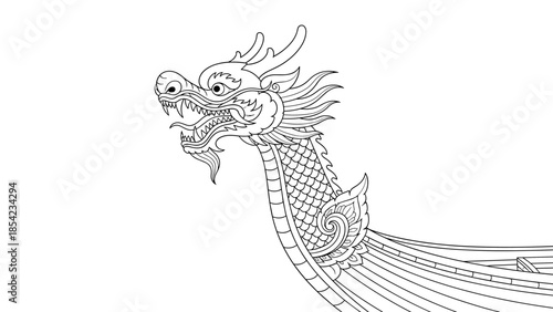 Intricate linear dragon boat head design with detailed patterns on white background