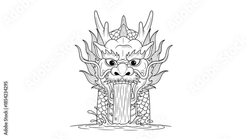 Intricate dragon head spouting water in detailed black and white art design
