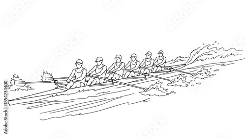 Rowing team in action: linear drawing of athletes racing in boat
