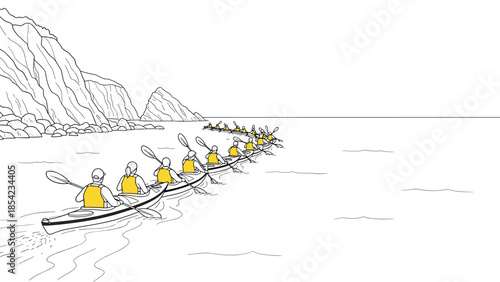 Adventure seekers canoeing in formation along scenic cliffside shoreline