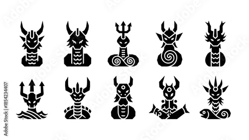 Unique collection of mythical monster silhouettes with horns and sea elements