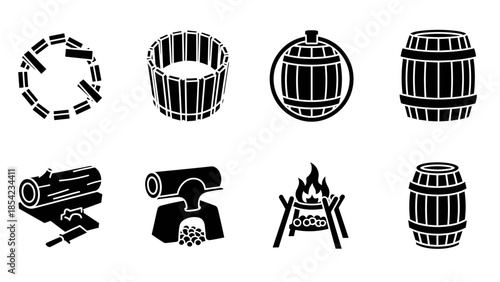 Set of various wooden barrels and campfire icons in black silhouette style