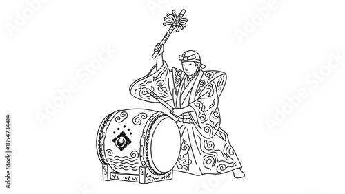 Traditional japanese taiko drummer in detailed line art style
