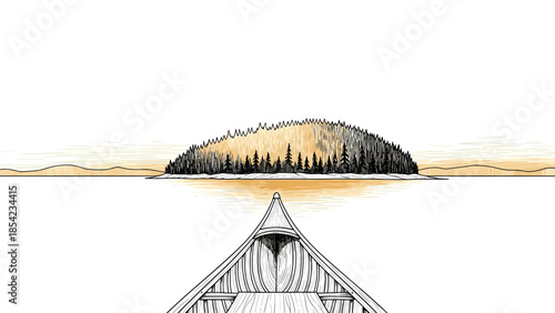 Canoe journey towards a serene forest island at sunset with vintage ink style