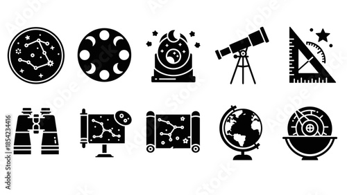 Astronomy icons set featuring celestial tools, moon phases, and constellations